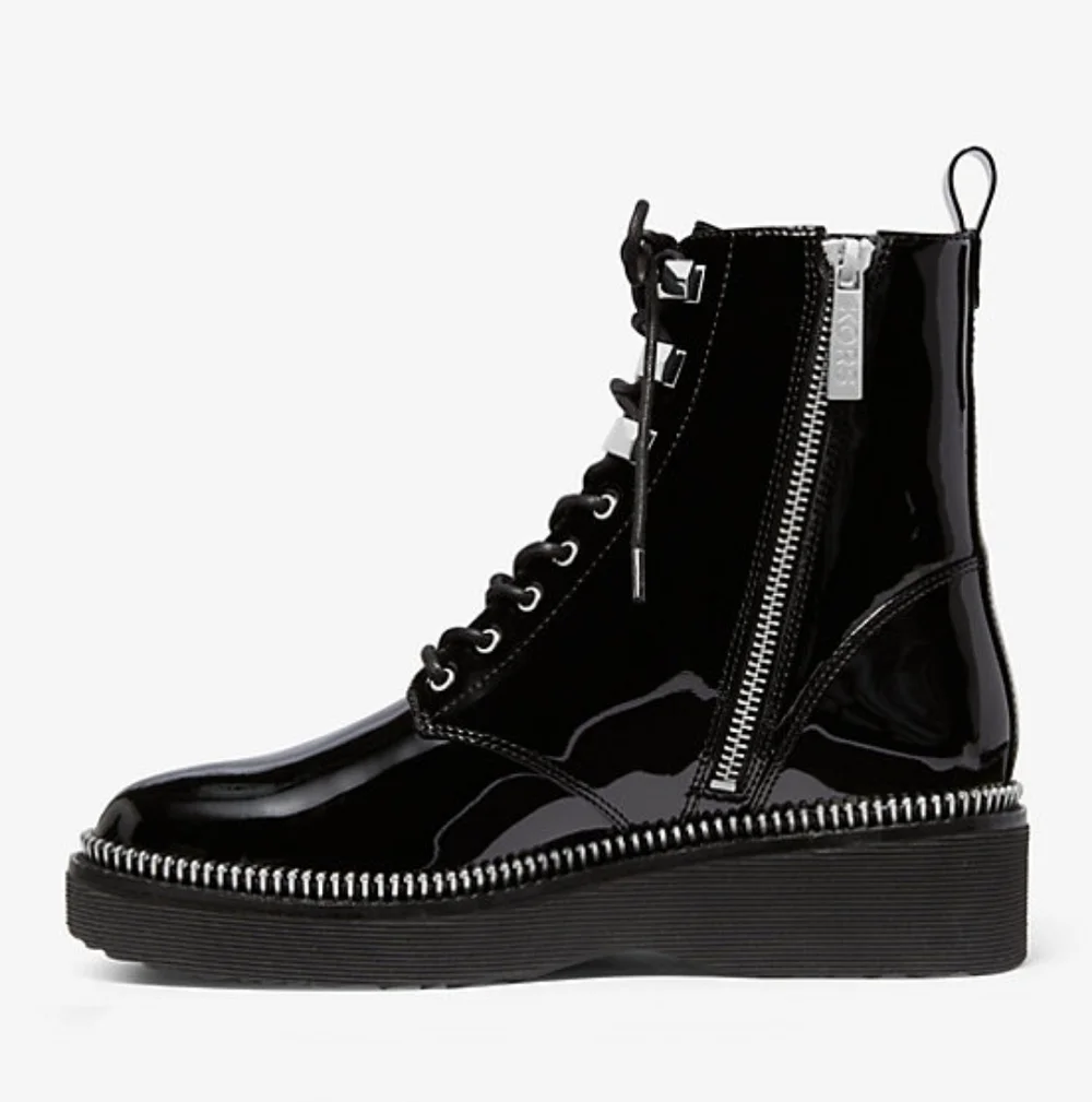 NWT Michael Kors Haskell Black Patent Leather Combat Boots Zipper Trim 8.5